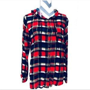 Red flannel hooded button down - M
